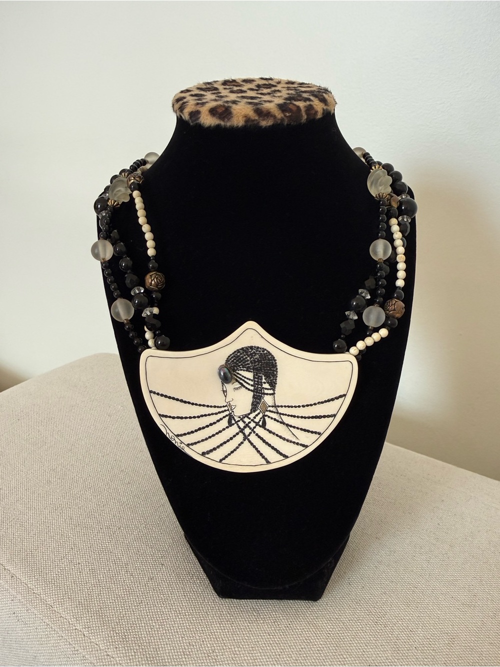 Antique Ivory necklace With Hand Painted Art Deco lady